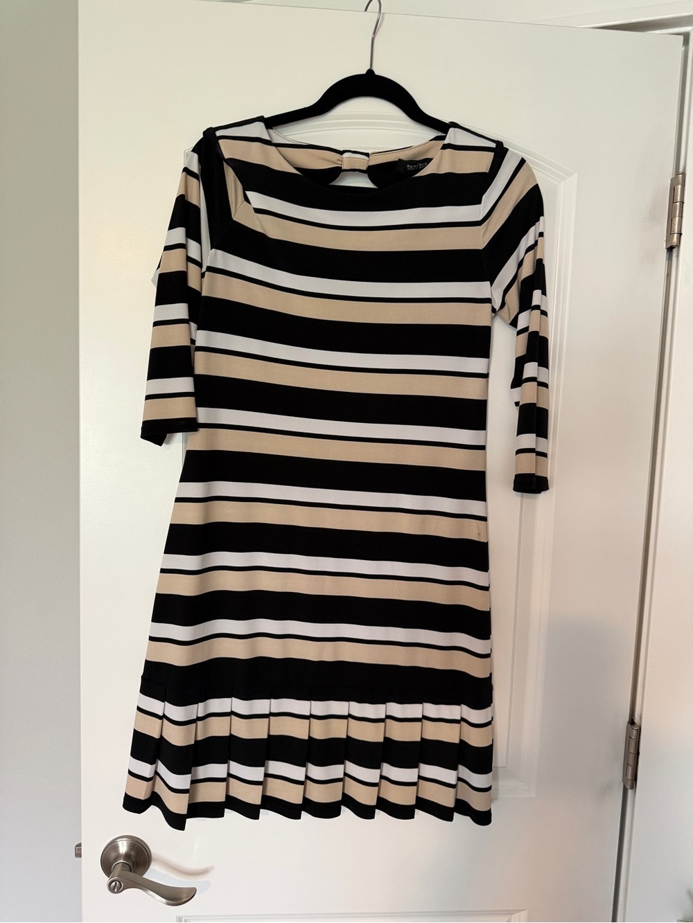 Striped Black, White & Beige Long-Sleeve Fit-and-Flare Dress